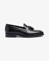 Owen Scott black calf leather tassel loafer, side profile
